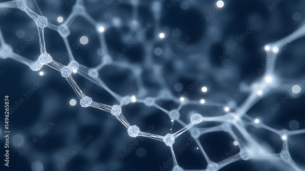 Obraz premium An abstract image depicting a complex network of interconnected nodes and glowing points against a dark blue background. It evokes concepts of connectivity and molecular structures.