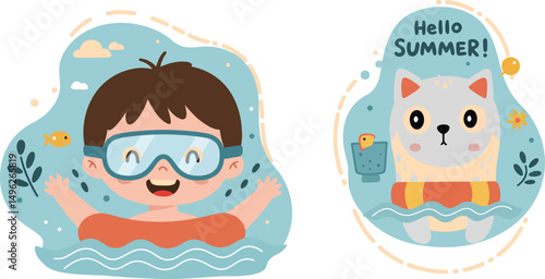 Woman in summer hat relaxing with cocktail and ice bucket on beach picnic vector illustration with tropical palm trees and hello summer text 