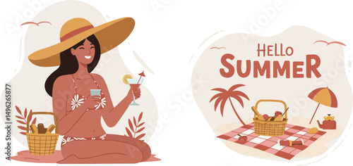 Woman in floral swimsuit drinking cocktail with snorkel gear summer vacation illustration