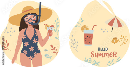 Woman in swimsuit with summer cocktail and snorkeling gear with summer music elements vector illustration 