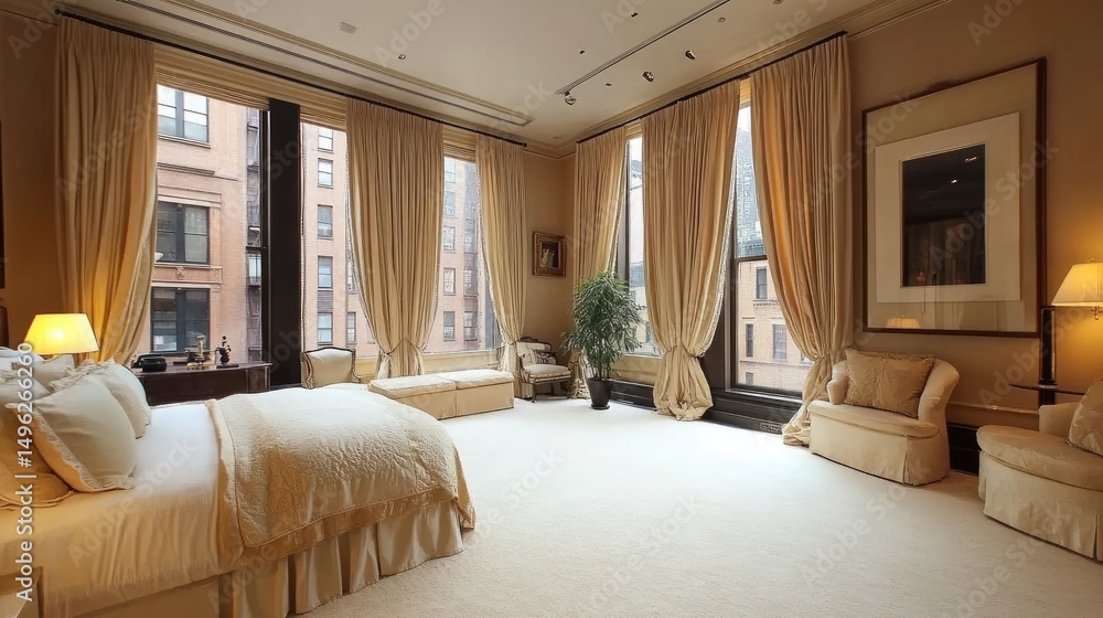 Fototapeta premium Bedroom with soft draped curtains and a plush cream carpet making the space airy and warm