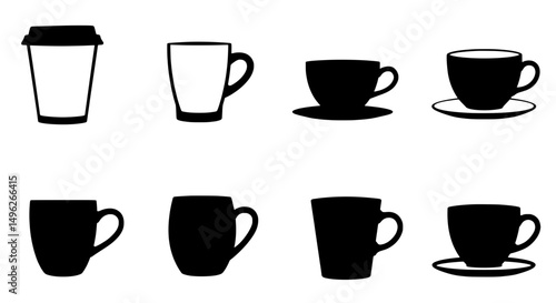 Diverse Mug Collection: A collection of assorted mugs in various designs. Ideal for cafe menu or design elements. 