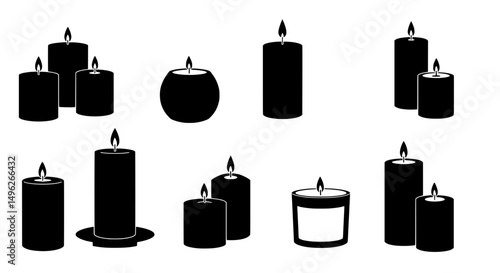 Wallpaper Mural Candle Icons Set: Collection of various candle icons in black silhouette style, perfect for spa, relaxation, and home decor themes. Torontodigital.ca