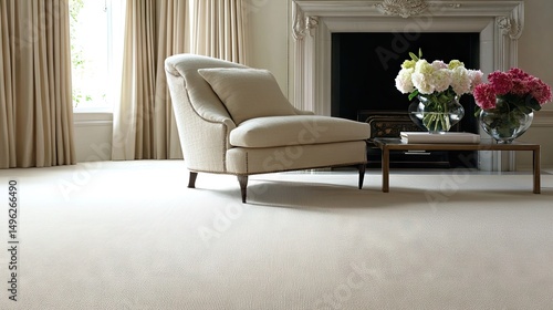 Cream curtains matched with cream polypropylene carpet enhancing a modern living room