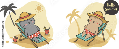 Relaxing bear characters enjoying summer vacation with sun hats and drinks on beach chairs vector illustration 