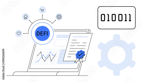 Laptop displaying smart contract with seal, financial chart, binary code, and decentralized system icons. Ideal for technology, blockchain, finance, data security innovation automation. Flat