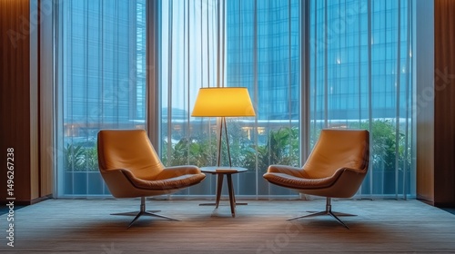 Large windows dressed in sleek modern curtains with a beige carpet completing the look
