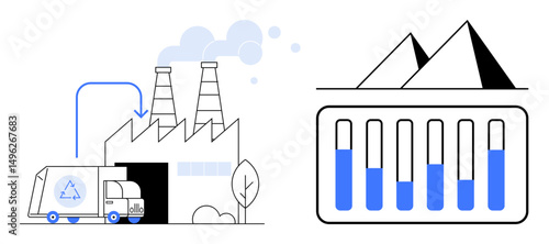 Recycling truck unloading at factory with chimneys emitting controlled smoke, next to a data chart with blue bar levels. Ideal for recycling, sustainability, environment, industry, analysis