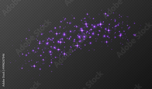 Purple sparkling stars, shiny particles light effect, transparent flying stardust texture, abstract twinkle Christmas decoration. Vector illustration.