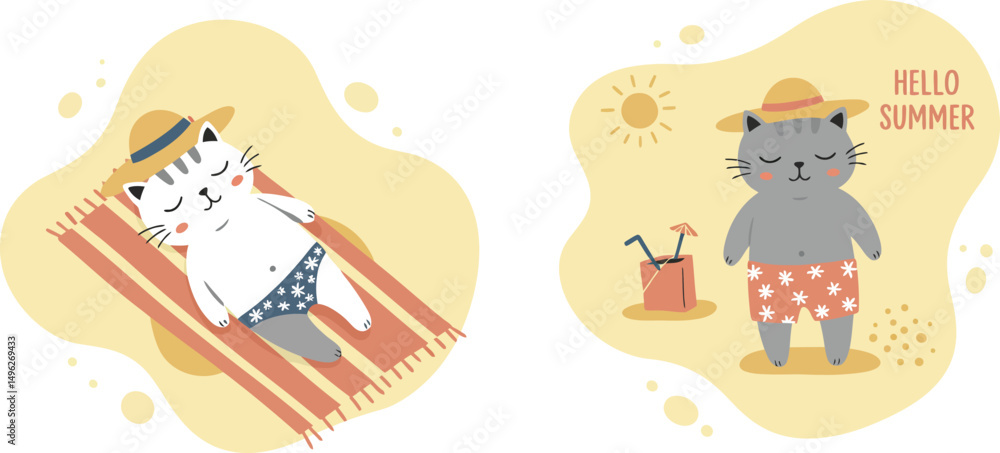Fototapeta premium Woman in floral swimsuit holding cocktail and otter with summer theme vector illustration for warm season relaxation and vacation activities 