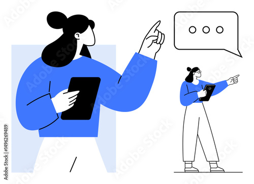 Confident woman holding a tablet, pointing and gesturing toward dialogue in a speech bubble. Ideal for communication, leadership, technology, teamwork, collaboration, education, simple landing page