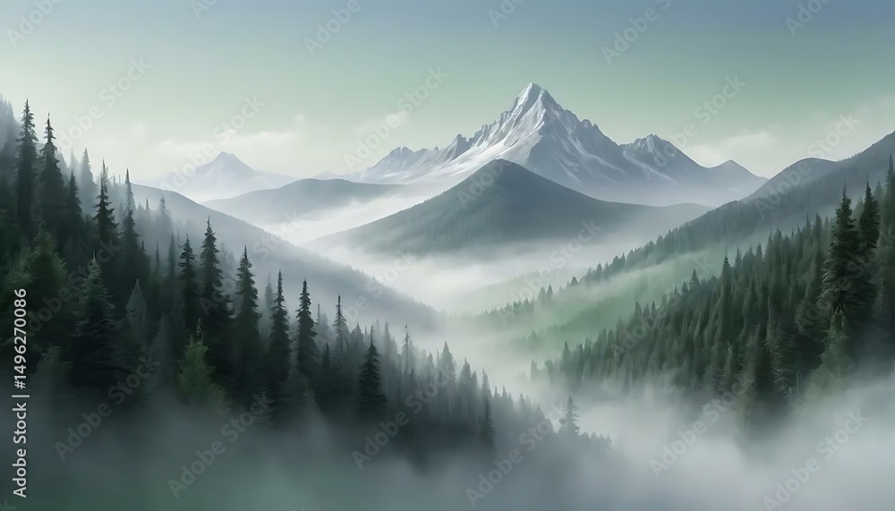 Obraz premium A serene mountain landscape with fog rolling through valleys and evergreen forests, soft lighting.