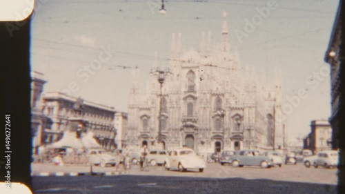 Classic Cars And Cyclists Pass Milan Cathedral In Busy City Traffic