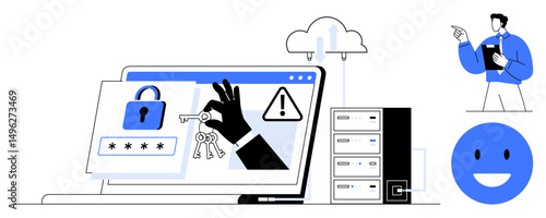 Laptop with lock, keys, warning symbol, hackers hand, cloud storage, server, and man holding clipboard. Ideal for cyber safety, data security IT solutions risk management online protection