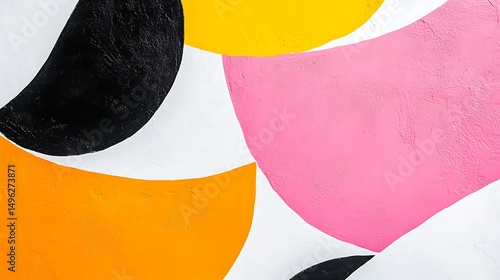 Vibrant, abstract shapes in bold colors.