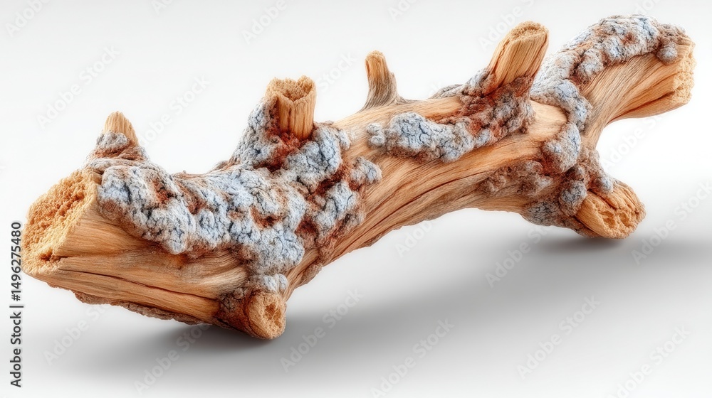 Fototapeta premium Lichen-Covered Driftwood Branch: Close-up Studio Photography