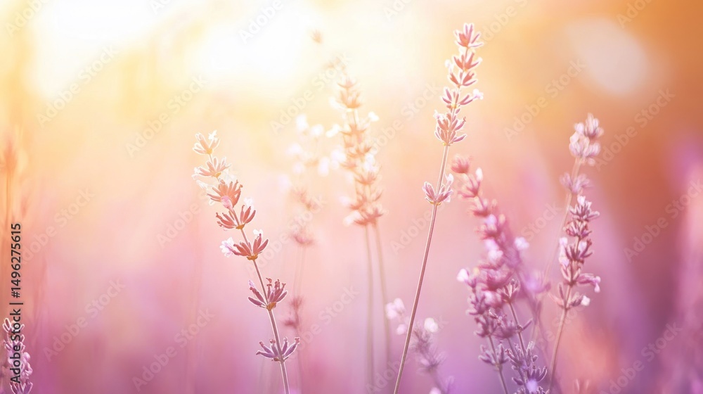 Obraz premium Gentle lavender field bathed in warm light, creating a serene and beautiful scene