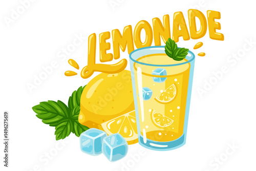 Fresh summer lemonade in glass with lemon, ice, mint leaves and bold text. Cartoon vector illustration on white background