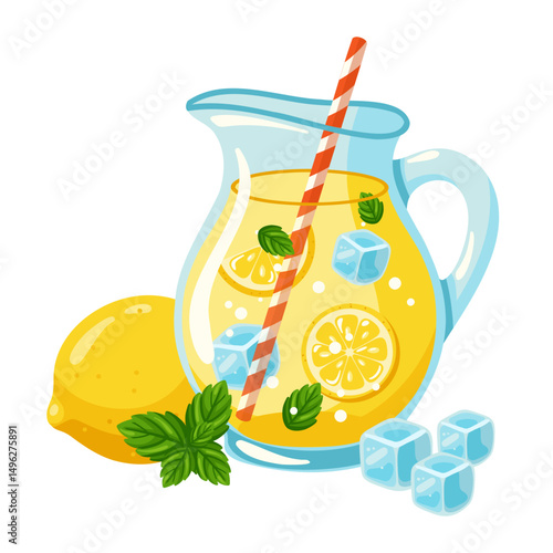 Jug of lemonade with lemon slices, mint leaves, ice cubes and striped straw. Cartoon vector illustration