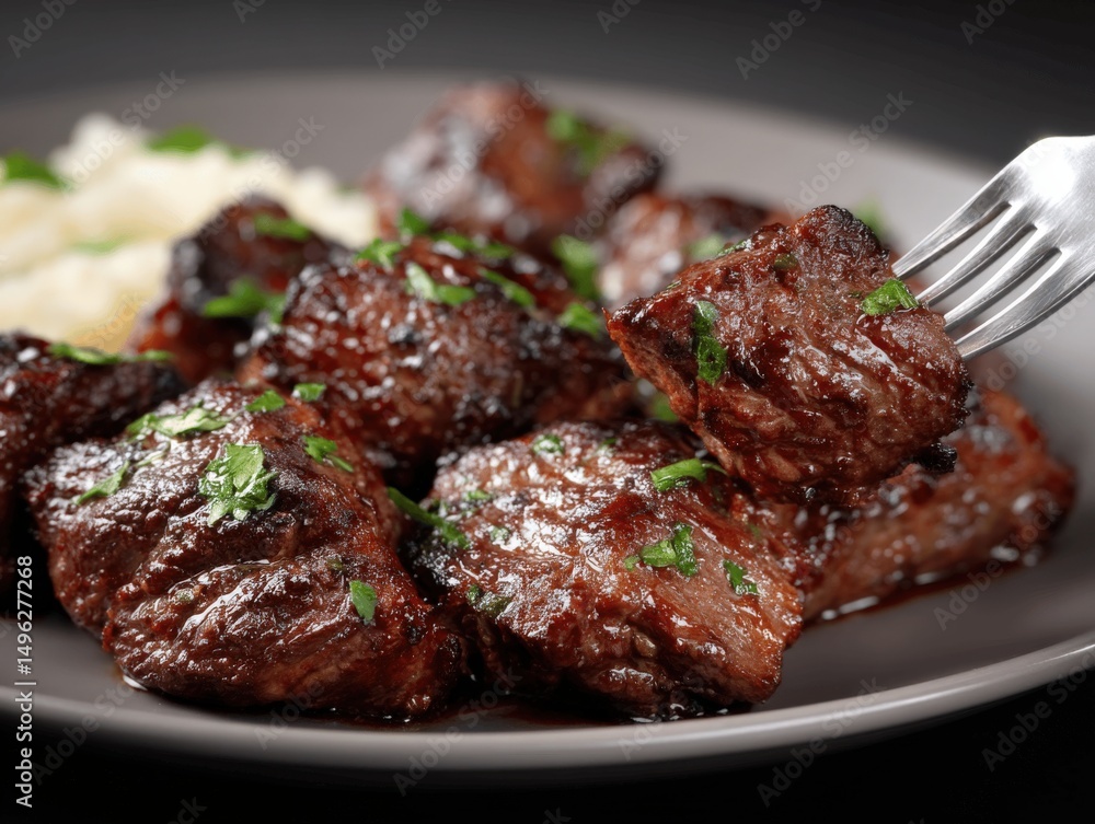 Juicy Grilled Beef Steak Bites Garnished with Parsley Served on Plate with Mashed Potatoes Close-Up Juicy Grilled Beef Steak Bites Garnished with Parsley Served on Plate with Mashed Potatoes Close-Up