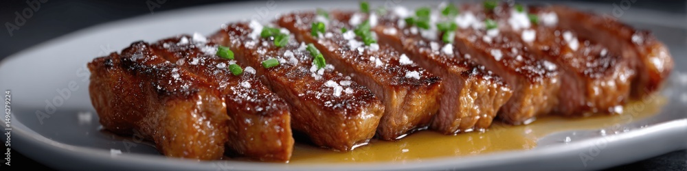 Juicy Grilled Steak Slices Garnished with Herbs Served on White Plate - Gourmet Food Close-Up Juicy Grilled Steak Slices Garnished with Herbs Served on White Plate - Gourmet Food Close-Up