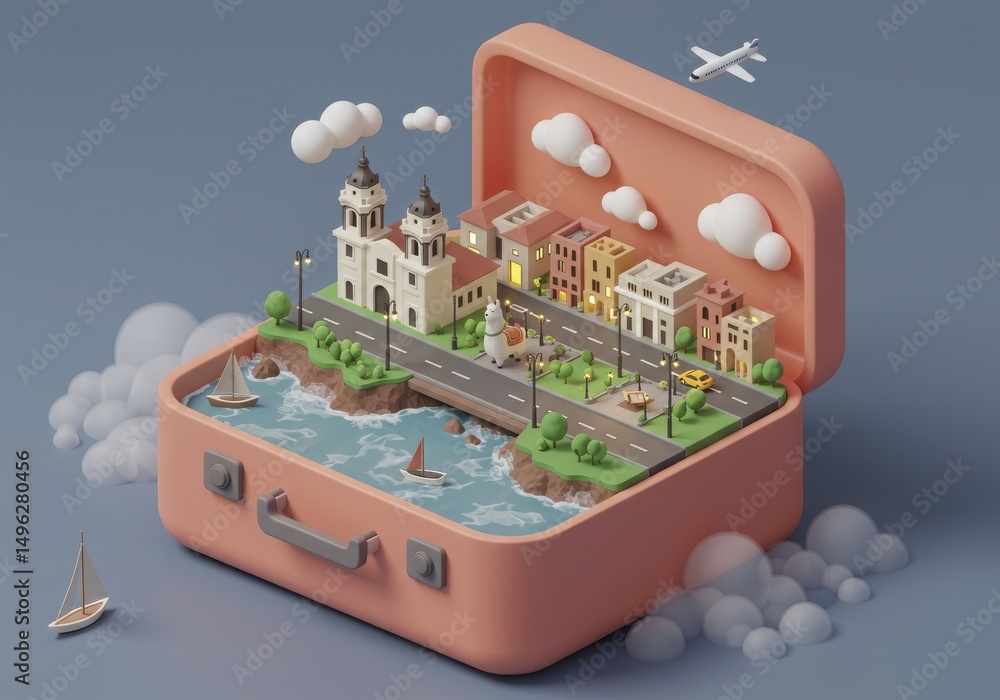Obraz premium Coastal Cityscape Miniature Inside Open Suitcase