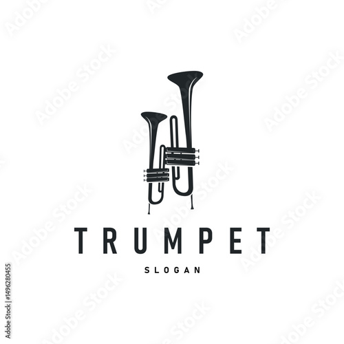 trumpet logo concept design wind musical instrument template illustration music melody with black silhouette simple trumpet symbol templet icon