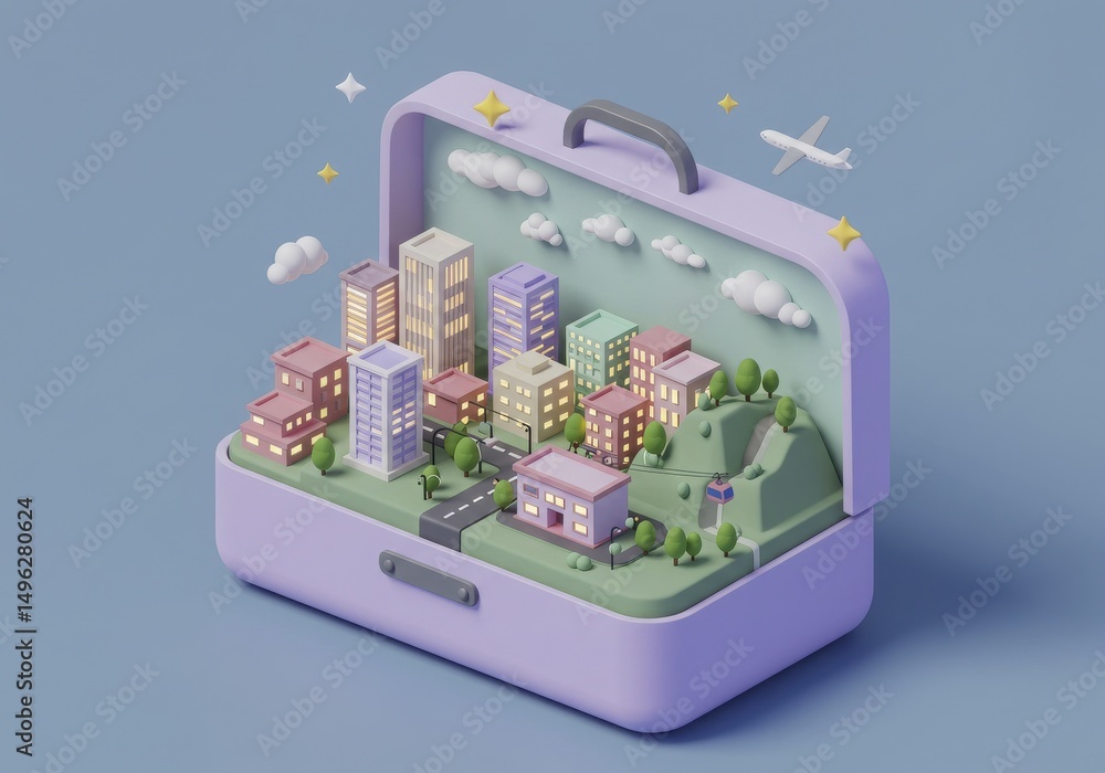Obraz premium Miniature Cityscape Inside a Pastel Purple Suitcase with Airplan