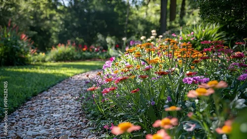 Lush Garden Path with Vibrant Orange Red and Purple Flowers in Full Bloom with Sunlight Filtering Through Trees