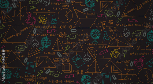Illustration with school and science themes. Mathematical formulas, geometric figures, laboratory flasks, globes, educational accessories are drawn. Suitable for design, background for presentations