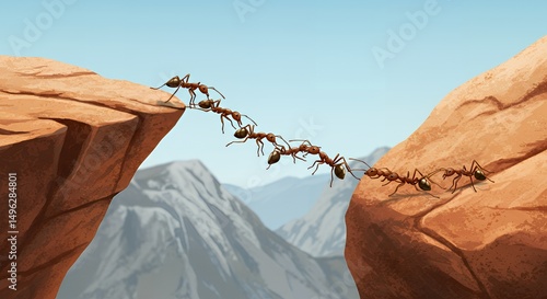 Ants bridging a chasm between two rocky outcrops.
