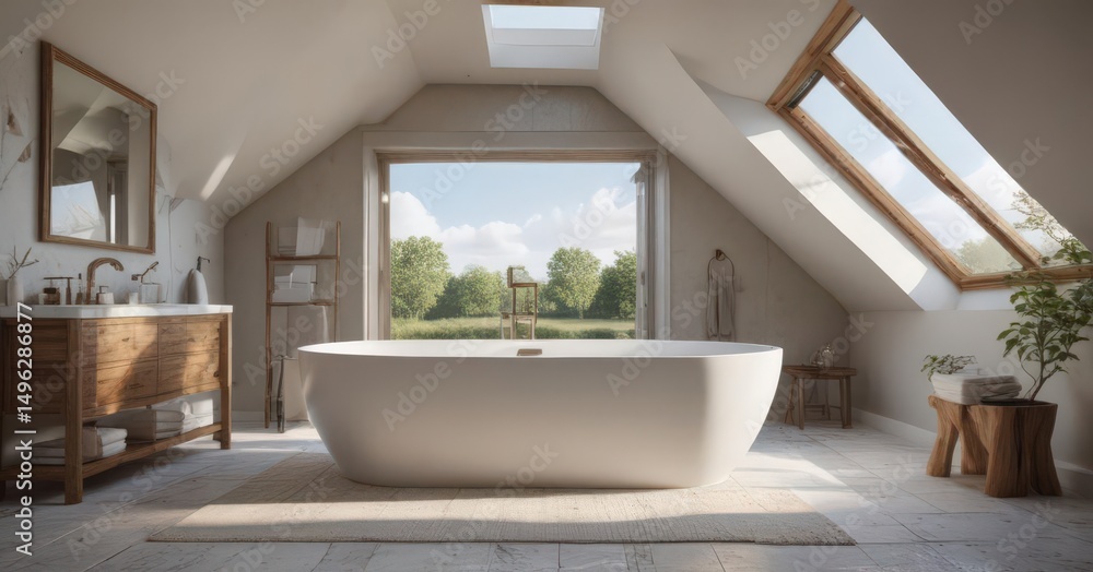 Fototapeta premium Luxurious attic bath, freestanding tub, skylight, modern, rustic