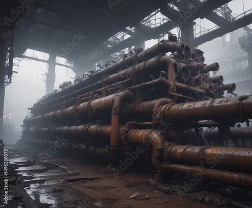 Massive corroded pipes, heavy machinery silhouetted in gloom,  oil,  heavy