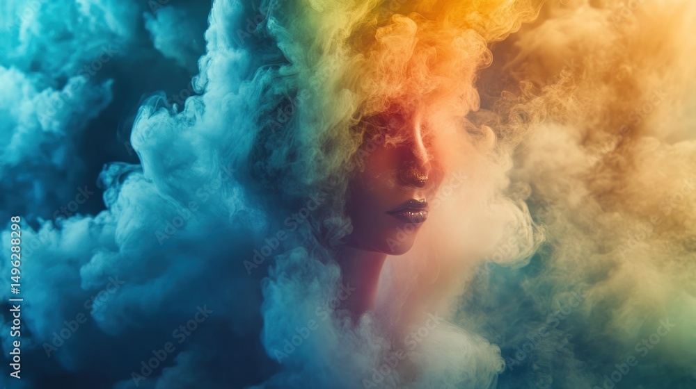 Naklejka premium Serene woman enshrouded in a symphony of vibrant, ethereal, smoky tendrils