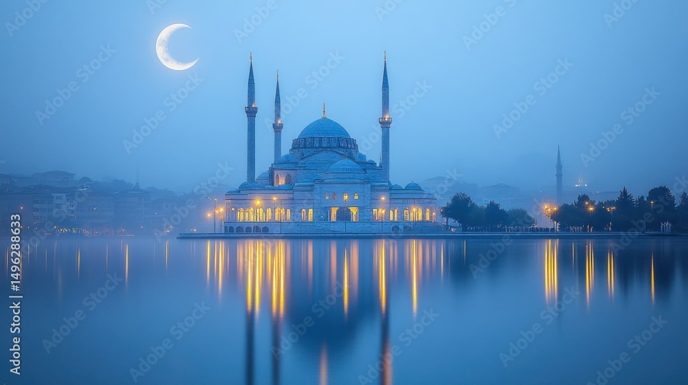 Fototapeta premium Mosque by a lake at dawn with a crescent moon