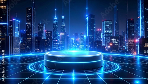 Wallpaper Mural Futuristic city panorama with glowing platform Torontodigital.ca