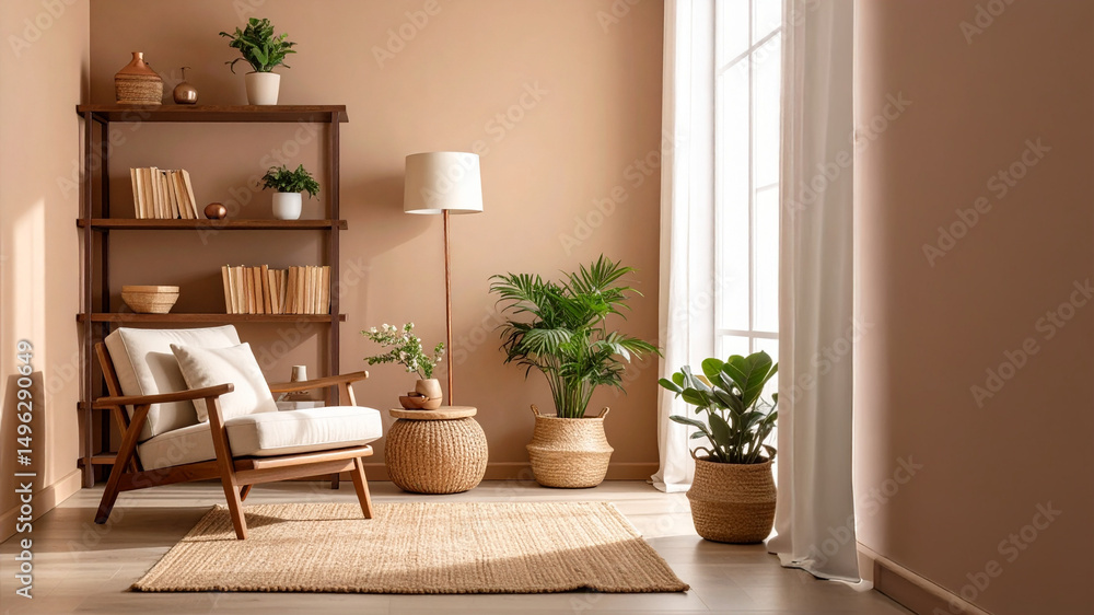 Fototapeta premium A beautifully styled living room corner featuring a wooden armchair with plush cushions, a decorative shelf with books and plants, and a soft beige rug. Natural light enhances the serene, cozy ambianc