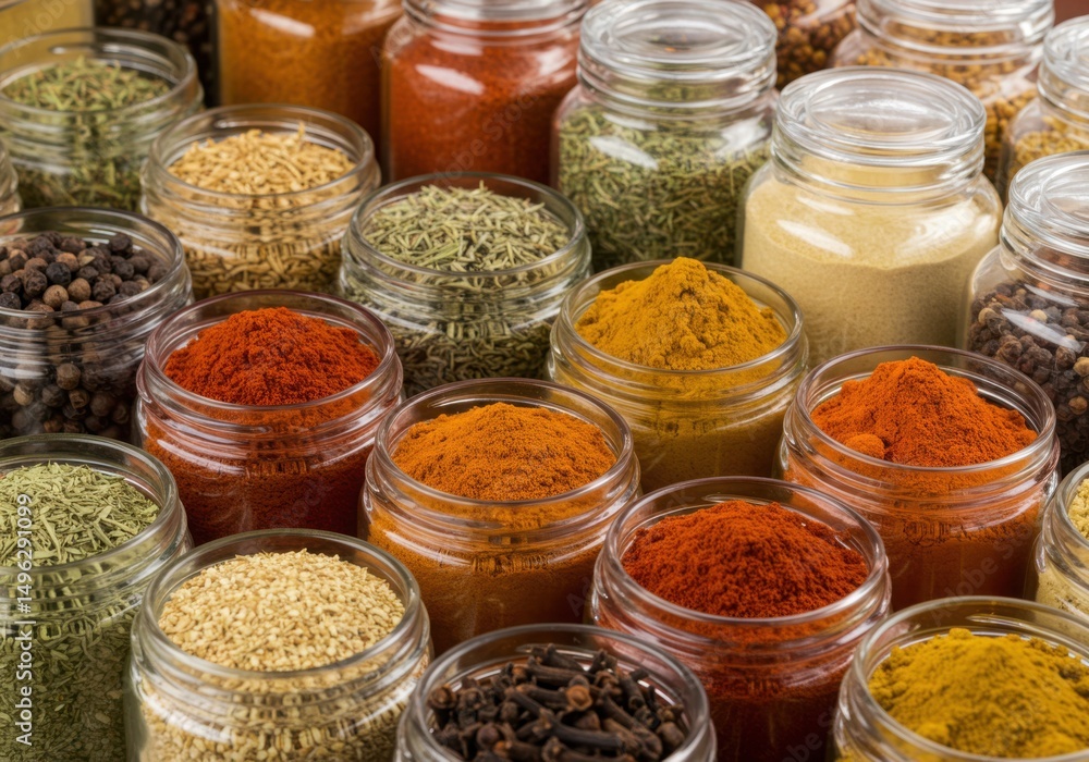 Assortment of spices in glass jars Assortment of spices in glass jars