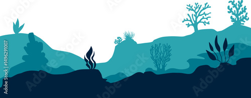 Underwater ocean silhouette landscape. Coral reef in ecosystem for ocean day, environment. Vector isolated
