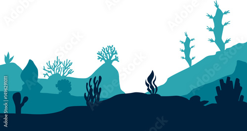 Underwater ocean silhouette landscape. Coral reef in ecosystem for ocean day, environment. Vector isolated