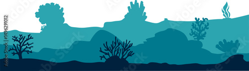 Underwater ocean silhouette landscape. Coral reef in ecosystem for ocean day, environment. Vector isolated