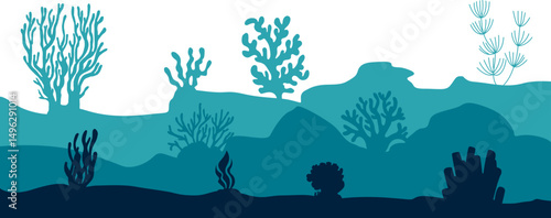 Underwater ocean silhouette landscape. Coral reef in ecosystem for ocean day, environment. Vector isolated