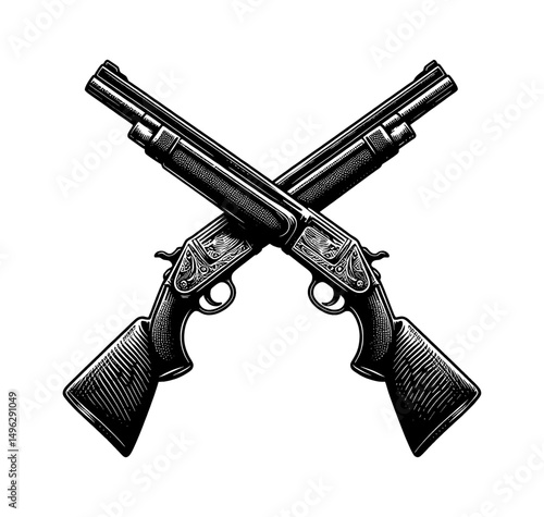 Two Shotguns Crossed Over Each Other in Detailed Black and White Outline Line Art Drawing