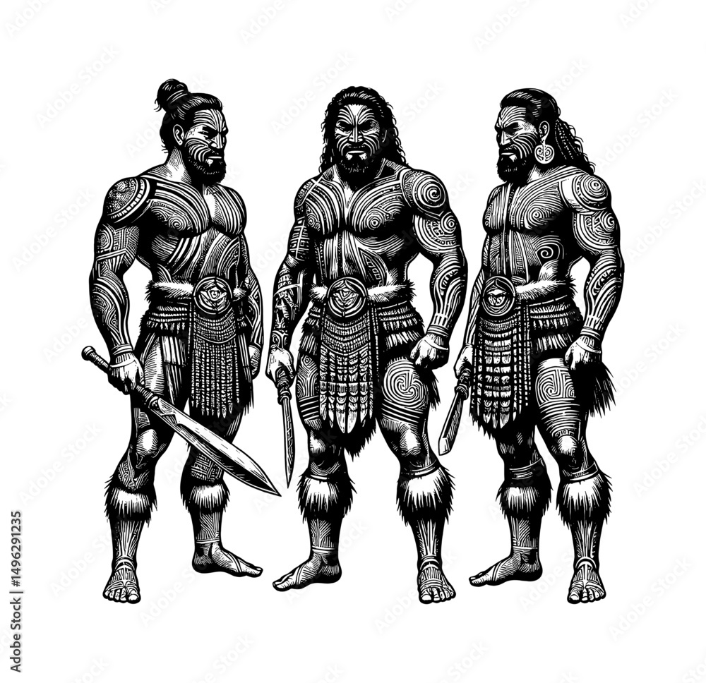 Fototapeta premium Three Fierce Maori Warriors Standing with Traditional Tattoos and Weapons in Detailed Illustration