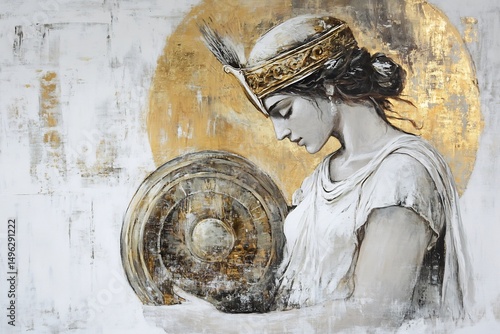 Greek mythology goddess Athena wearing helmet and holding a shield depicted on a pure white canvas