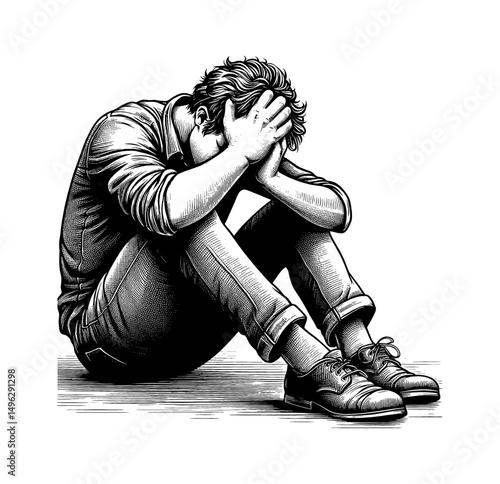 Sad Man Sitting on Floor Covering Face with Hands in Black and White Detailed Engraving