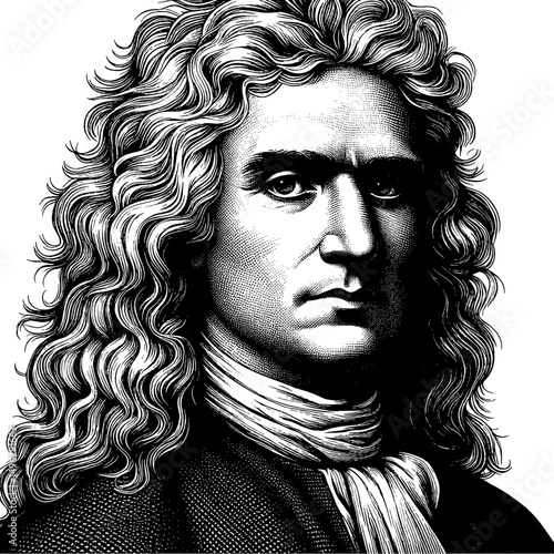 Engraved Portrait of Sir Isaac Newton with Serious Expression in Black and White
