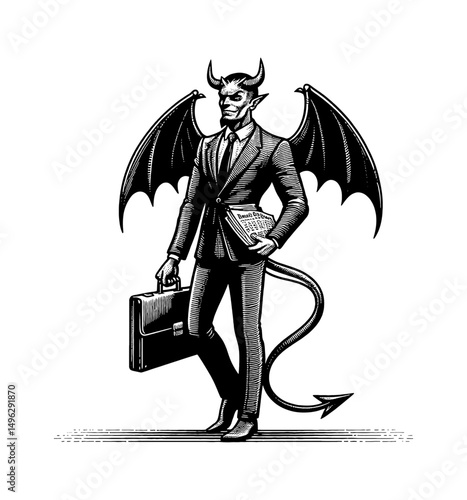 Illustration of Devil Businessman Holding Briefcase and Newspaper in Engraved Style