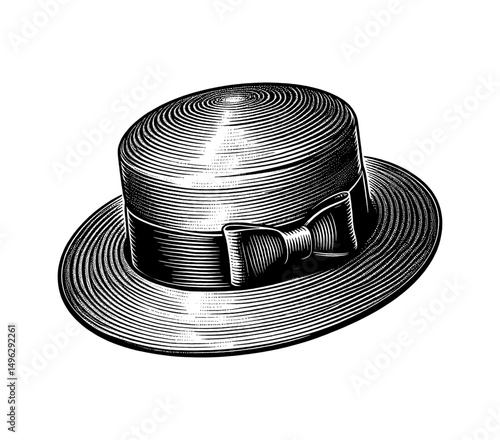 Engraved Style Illustration of a Bowler Hat with Bow Tie in Black and White