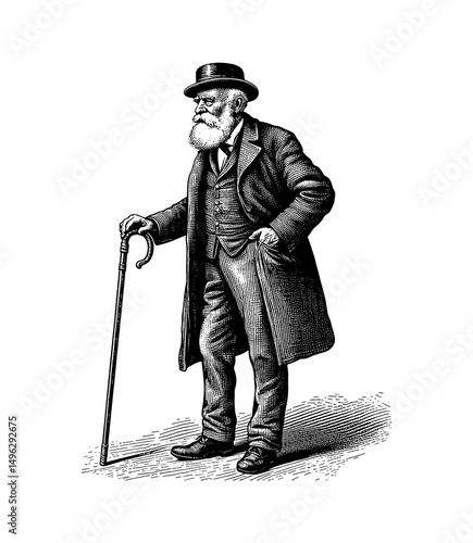 An Old Man in Vintage Suit with a Cane in Engraving Style Detailed Black and White